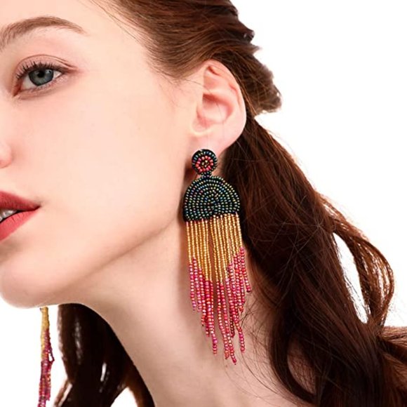 Long 4.5" Modern Art Deco Oversized Post Earrings AB Green Red Brown Gold Beaded - Picture 2 of 7